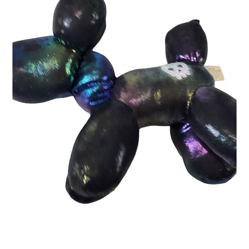 Iridescent Oil Slick Balloon Dog Plush Gothic Skull Patch Multicolor 9in